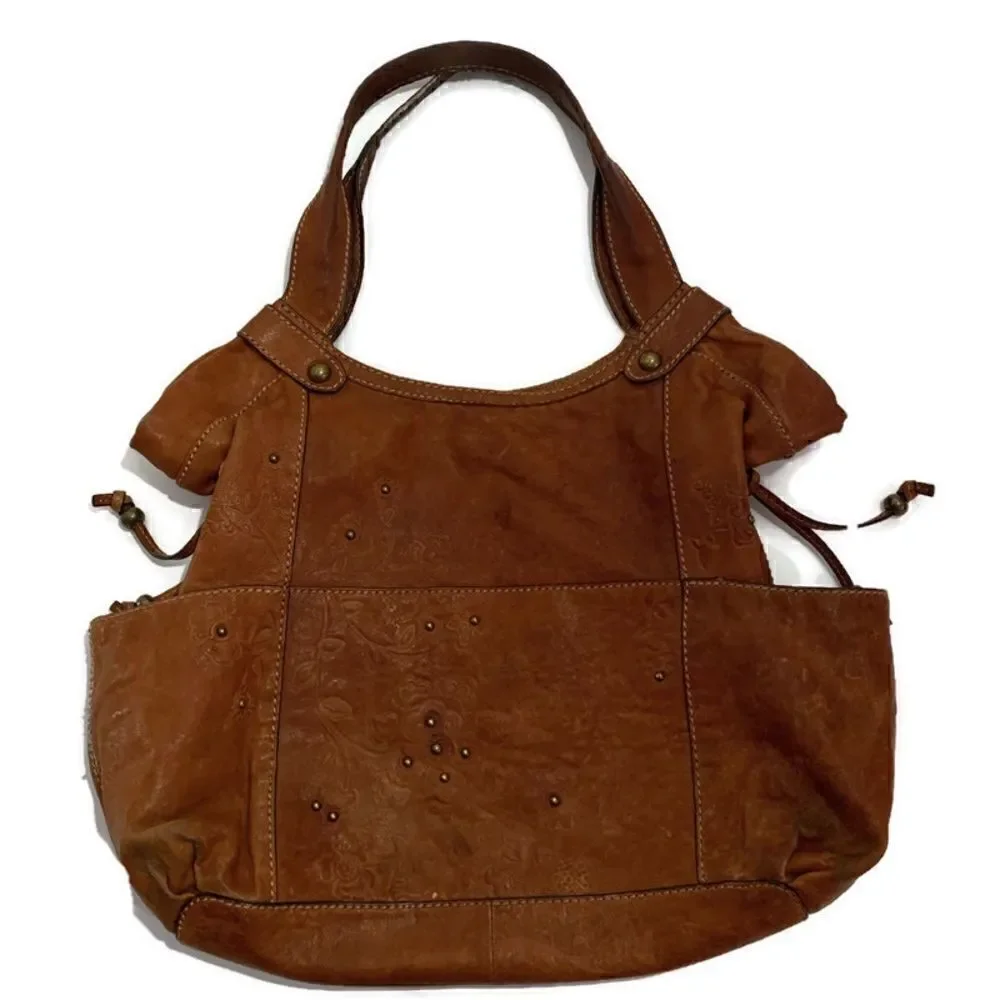 Vintage Fossil Brown Leather Floral Embossed Tote